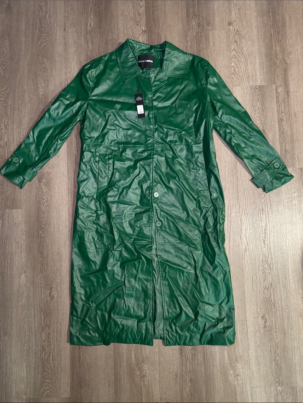 Fashion Nova Dark Green Faux Leather Trench Coat